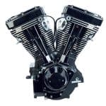 V-Twin motorcycle engine with black and chrome finish for Harley-Davidson bikes.