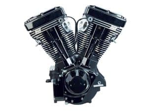 V-Twin motorcycle engine with black and chrome finish for Harley-Davidson bikes.