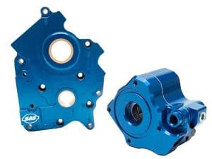 Blue motorcycle engine parts, high-performance components for motorcyclists.