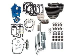 Blue motorcycle engine components and gaskets for Revelry Motorcycles.