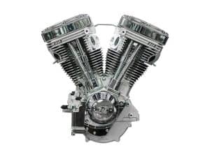 V-twin motorcycle engine showcasing high-performance parts and sleek chrome finish.