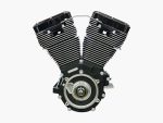 V-Twin motorcycle engine with chrome cooling fins and black casing for custom bikes.