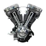 V-twin motorcycle engine with chrome finish and black accents, ideal for custom bikes.