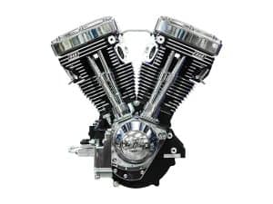 V-twin motorcycle engine with chrome finish and black accents, ideal for custom bikes.