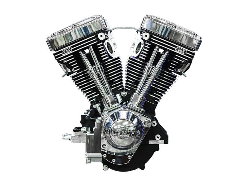 V-twin motorcycle engine with chrome finish and black accents, ideal for custom bikes.