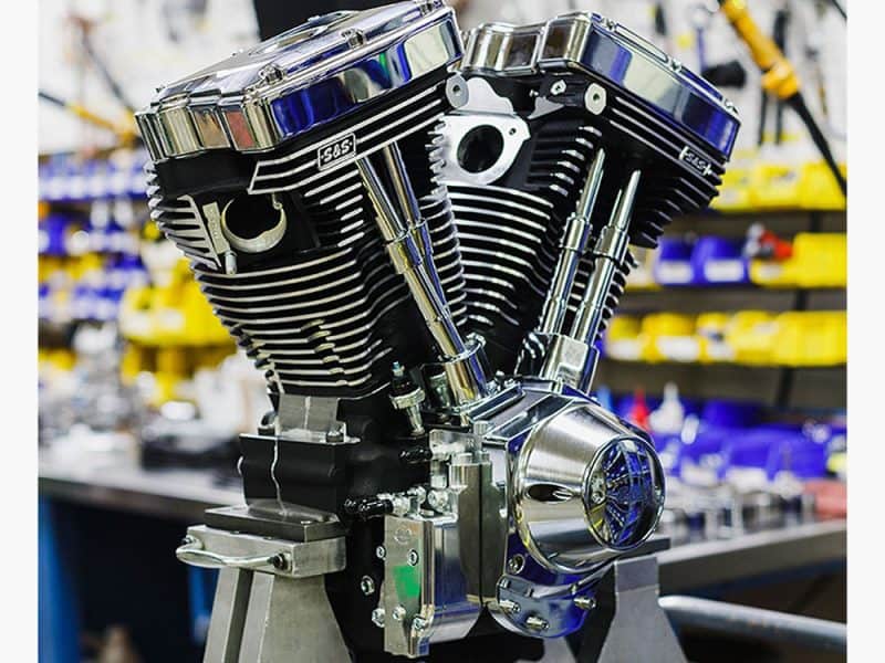 V-Twin motorcycle engine with chrome finish on display at Revelry Motorcycles, Australian bike parts shop.