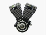 V-twin motorcycle engine with chrome fins and black casing, perfect for custom motorbikes.