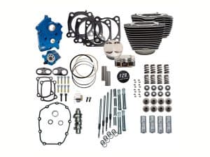 Blue motorcycle engine parts kit with pistons, gaskets, and hardware for Revelry Motorcycles.