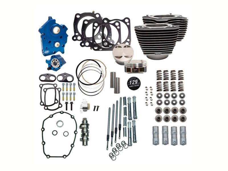 Power Pack - 129ci Big Bore Kit with Chain Drive 550 Camshaft Blue motorcycle engine parts kit with pistons, gaskets, and hardware for Revelry Motorcycles.