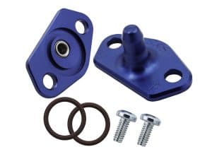 Blue motorcycle swingarm pivot lift kit with mounting hardware for Revelry Motorcycles.