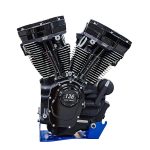 V-Twin motorcycle engine with black and chrome finish, 136 cubic inches capacity.