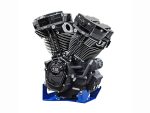 V-Twin motorcycle engine with black and chrome finish for Harley-Davidson custom bikes.
