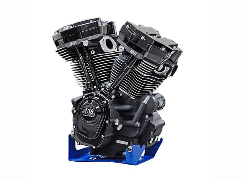 V-Twin motorcycle engine with black and chrome finish for Harley-Davidson custom bikes.