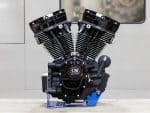 V-twin motorcycle engine with black and chrome finish, 136 cubic inches capacity.