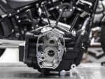 High-performance motorcycle engine block on workbench at Revelry Motorcycles, Melbourne.