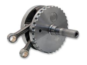 High-performance motorcycle crankshaft with pushrods for Revelry Motorcycles.