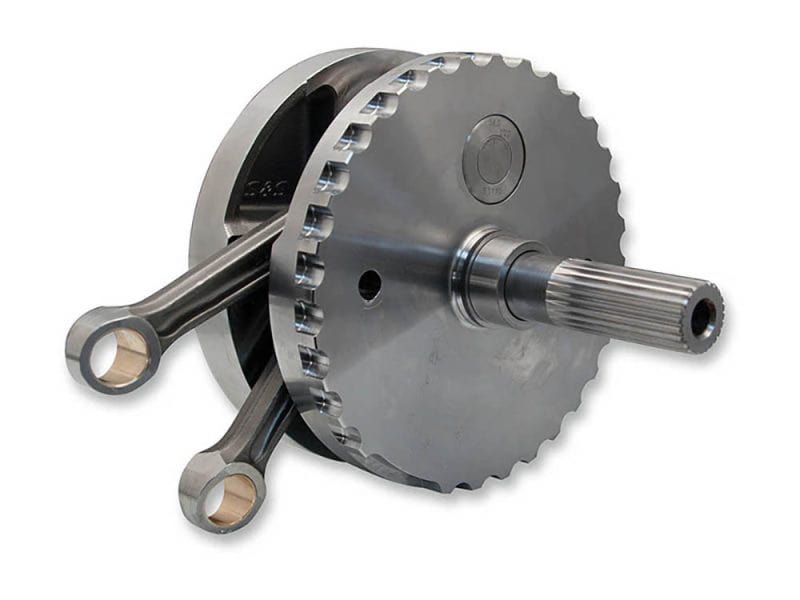 High-performance motorcycle crankshaft with pushrods for Revelry Motorcycles.