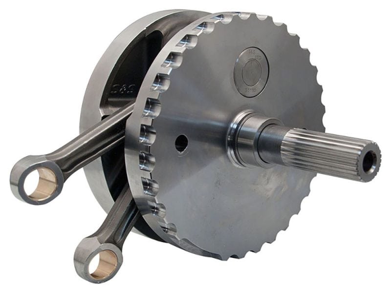 High-performance motorcycle crankshaft and connecting rods for Revelry Motorcycles.