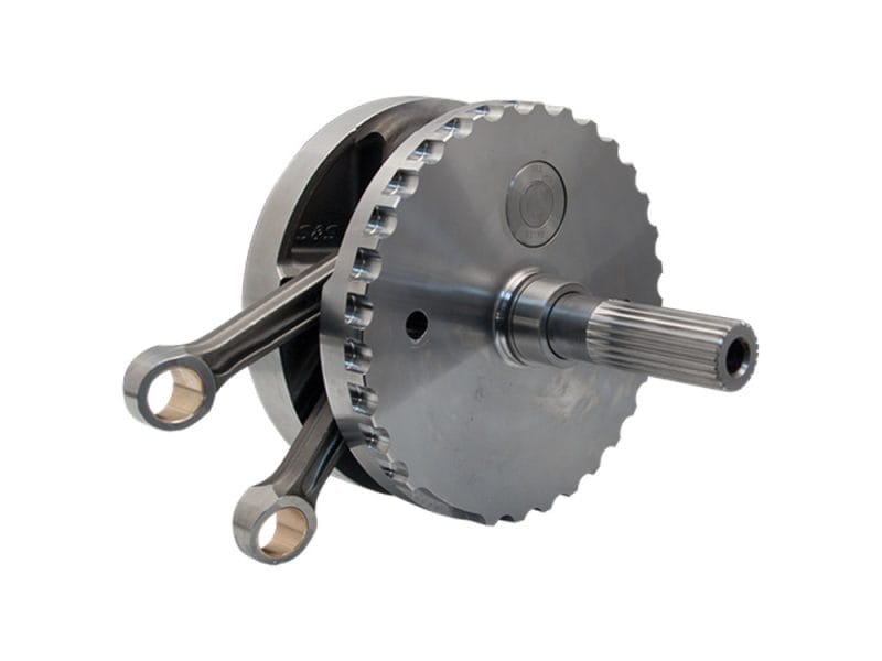 High-performance motorcycle crankshaft with connecting rods for custom rebuilds.