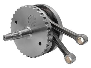 High-performance motorcycle crankshaft with pistons for enhanced power.