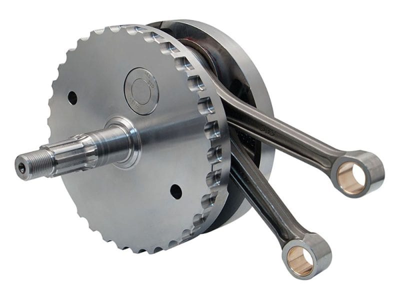 4in. Stroke Flywheel Assembly. Fits Twin Cam Dyna & Touring 1999-2002. High-performance motorcycle crankshaft with pistons, suitable for custom builds and engine upgrades.