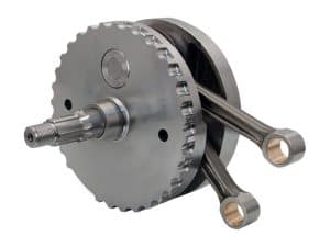 Precision motorcycle engine crankshaft with pistons for Revelry Motorcycles.