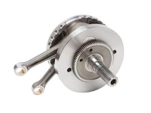 High-performance motorcycle crankshaft and connecting rods for Revelry Motorcycles, crafted for durability and power.