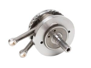 High-performance motorcycle crankshaft for custom Harley-Davidson engines.