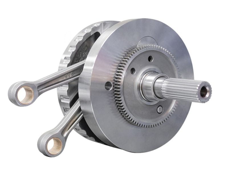 High-performance motorcycle crankshaft for Revelry Motorcycles, precision engineered for reliability.