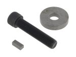 Threaded bolt with metal washer and small rectangular spacer for motorcycle maintenance.