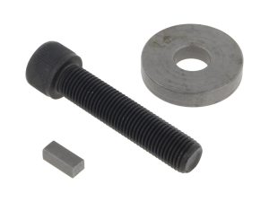 Threaded bolt with metal washer and small rectangular spacer for motorcycle maintenance.