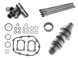 High-performance motorcycle engine parts for Revelry Motorcycles, including camshafts and gaskets.