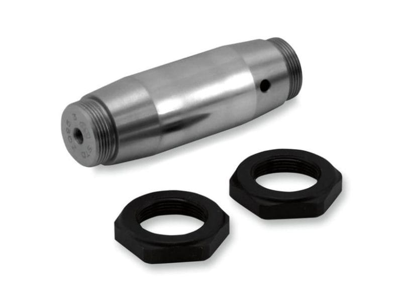 High-performance motorcycle shock absorber component with mounting nuts for Revelry Motorcycles.