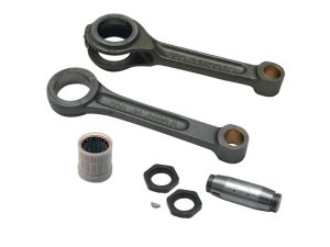High-performance motorcycle connecting rods with needle bearing and related parts for Revelry Cycles.