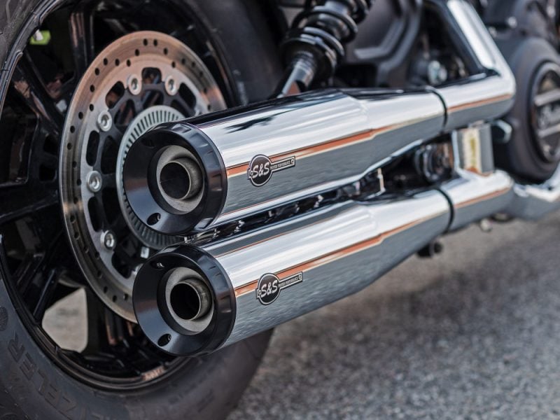 High-performance motorcycle exhaust pipes with chrome finish for Revelry Motorcycles.