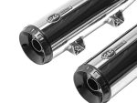 High-performance motorcycle exhaust pipes for Revelry Motorcycles Australia sleek black and chrome finish.