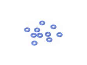 Small blue rubber washers for motorcycle maintenance and repair.