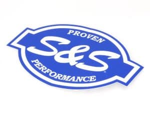 S&S Performance logo sticker, motorcycle performance parts branding, cool decal, blue and white design.