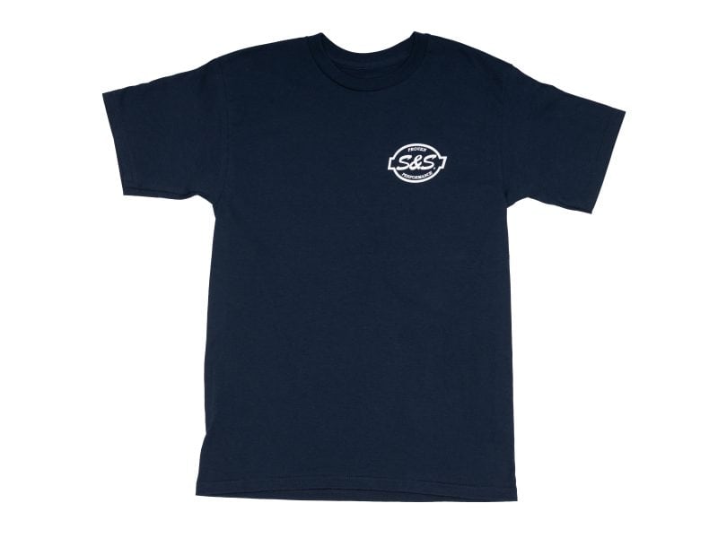 S&S Cycle Performance Parts Navy T-Shirt - Large. S&S Performance navy T-shirt, ideal for motorcycle enthusiasts and bike lovers.