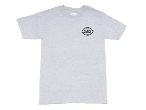 S&S Motorcycles grey T-shirt with logo and vintage style design.
