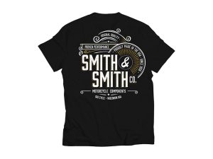 Motorcycle-themed graphic t-shirt with Smith & Smith Co branding, vintage style design, black and white colours.