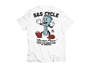 Cute cartoon piston mascot on white Revelry Motorcycles t-shirt, representing bike passion and serious power.