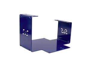 Blue motorcycle parts stand with Revelry Cycles branding for custom bike builds.