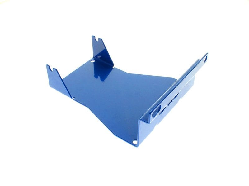 Blue motorcycle battery tray for Revelry Motorcycles, durable and corrosion-resistant.