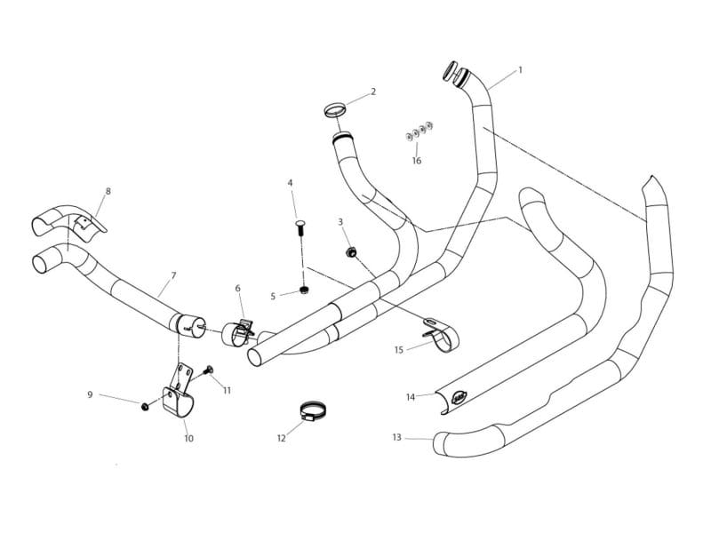 Exhaust system diagram for Revelry Motorcycles custom bike parts.