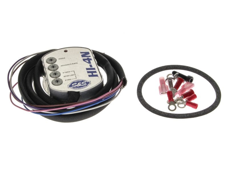 HI-4N Nose Cone Ignition Module. Fits Big Twin 1970-1999 & Sportster 1971-1997. High-performance motorcycle ECU tuning kit with wiring harness and accessories for Revelry Motorcycles.