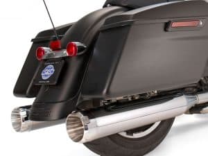 Stylish black motorcycle side case with chrome exhaust pipes for Harley Davidson touring bikes.