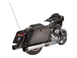 High-performance Harley Davidson touring motorcycle with custom black leather saddlebags.