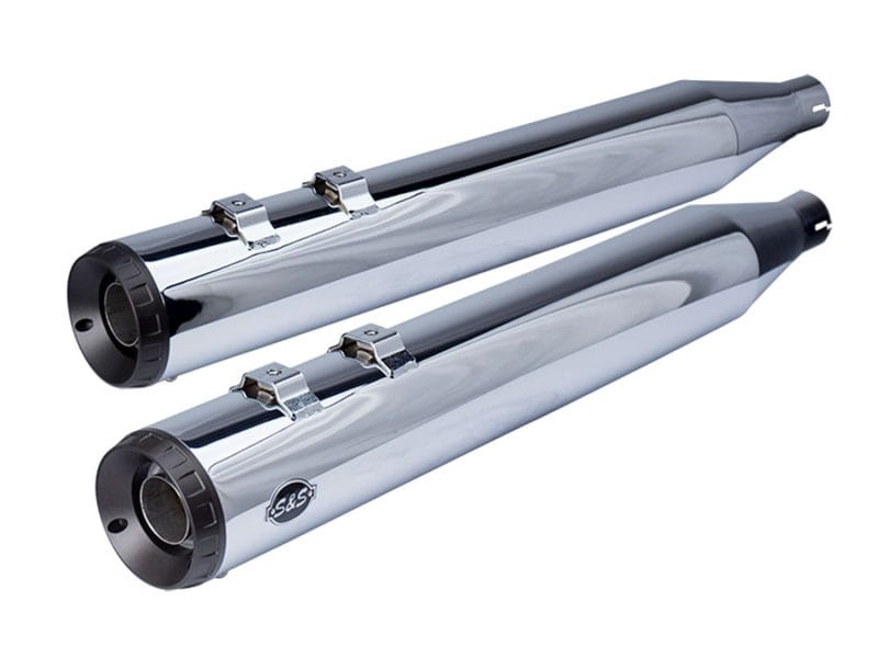 High-quality chrome motorcycle exhaust pipes for custom Revelry Motorcycles builds.