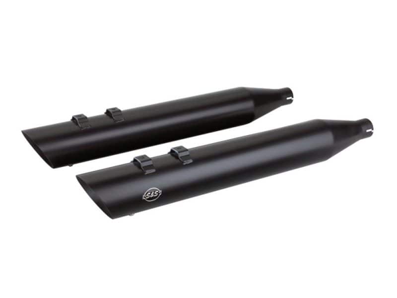 Heavy-duty motorcycle exhaust pipes for Revelry Motorcycles, black matte finish.